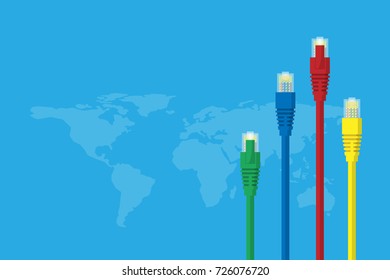 LAN cables with world map on light blue background, connection and technology concept