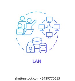 Lan connection type blue gradient concept icon. Internet communication technology. System infrastructure administration. Round shape line illustration. Abstract idea. Graphic design. Easy to use