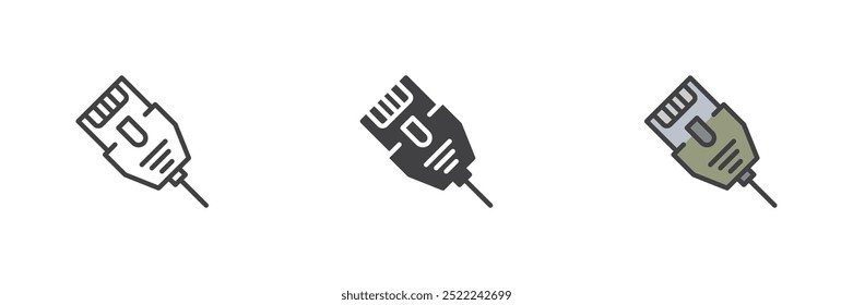 Conjunto de ícones de estilo diferente do conector de LAN. Linha, glifo e preenchido esboço versão colorida, contorno e sinal de vetor preenchido. Símbolo do cabo Ethernet, ilustração do logotipo. Gráficos vetoriais