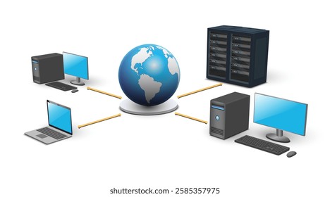 Lan network 3D diagram for business and technology concept. WAN of computer networking vector.