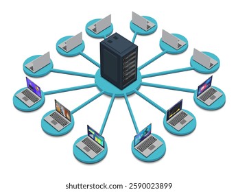 Lan network 3D diagram for business and technology concept. WAN of computer networking vector.