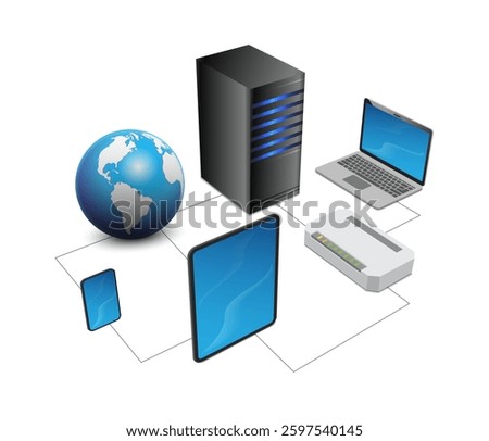 Lan network 3D diagram for business and technology concept. WAN of computer networking vector.