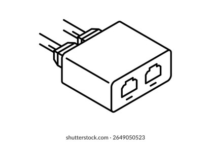 Configuração de linha isométrica do divisor de LAN com hub Ethernet e várias portas, preto e branco, Ilustração de vetor