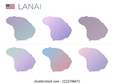 Lanai gepunkteter Kartensatz. Karte von Lanai im gepunkteten Stil. Grenzen der Insel gefüllt mit schönen glatten Gradientenzirkeln. Moderne Vektorgrafik.