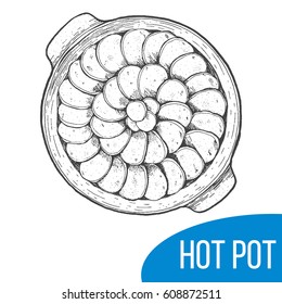 Lancashire hotpot sketch vector illustration. Engraved hand drawn vintage image.