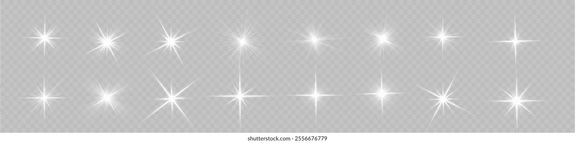 Lance flares network. Glowing light burst and transparent back ground. Lights flare, star flash light, white sun rays, png. Sun flush with raos or spotlyght and boke. 