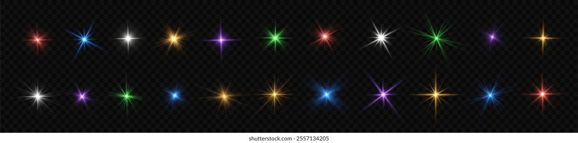 Lance flares network. Glowing light burst and transparent back ground. Lights flare, star flash light, colors, sun rays, png. Sun flush with raos or spotlyght and boke. 