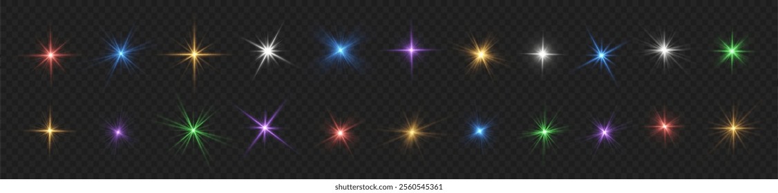 Lance flares network. Glowing light burst and transparent back ground. Lights flare, star flash light, colors, sun rays, png. Sun flush with raos or spotlyght and boke. 