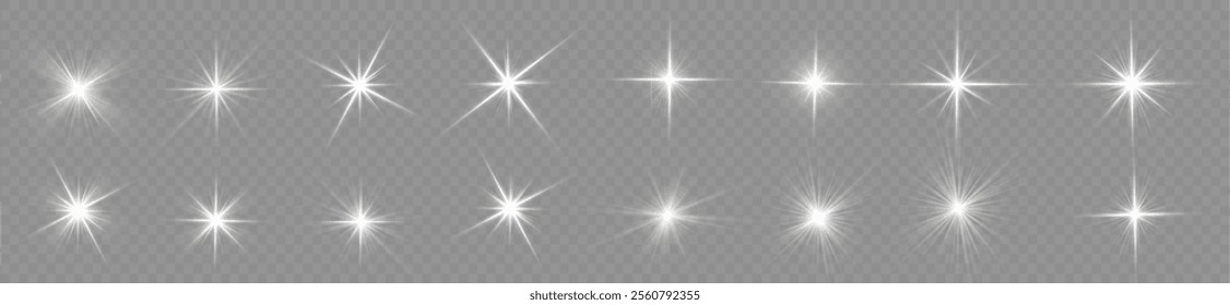 Lance flares network. Glowing light burst and transparent back ground. Lights flare, star flash light, white sun rays, png. Sun flush with raos or spotlyght and boke. 