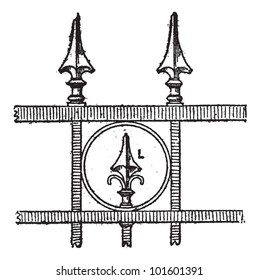 Lance Tip Design of the Grille at the Paris Opera House in France, ilustración vintage grabada. Diccionario de Palabras y Cosas - Larive y Fleury - 1895