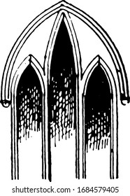Lancet Window or Wancet windows, narrow window, Warmington Church, vintage line drawing or engraving illustration.