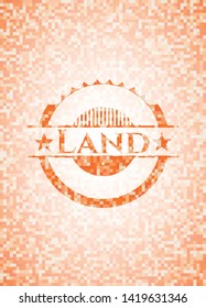 Land abstract emblem, orange mosaic background