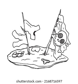 Tierra con todos los elementos piratas, imagen dibujada a mano de ilustración de contorno. Isla pirata con bandera del cráneo de hueso y camisas y pantalones, imagen de un clip de dibujo de lápiz. Isla tropical solitaria con playa, símbolo.