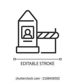 Land border checkpoint linear icon. Inspection and control. Thin line customizable illustration. Contour symbol. Vector isolated outline drawing. Editable stroke. Pixel perfect. Arial font used