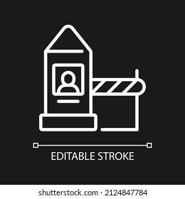Land border checkpoint white linear icon for dark theme. Thin line customizable illustration. Isolated vector contour symbol for night mode. Editable stroke. Pixel perfect. Arial font used