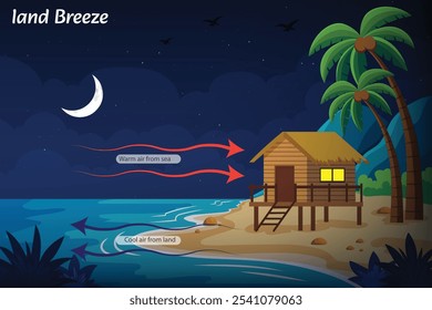 La brisa terrestre es un viento costero que fluye de la tierra al mar por la noche, causado por el rápido enfriamiento de la tierra en comparación con el agua, creando una diferencia de temperatura y presión.