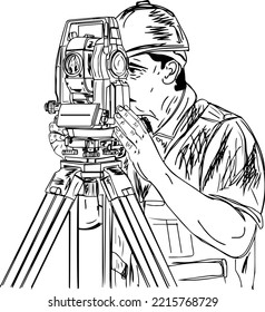 land and building engineer Vector illustration, theodolite or total positioning station, land survey and civil engineer working sketch drawing silhouette, cartoon drawing of architects doing survey