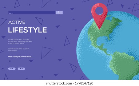 land concept flyer, web banner, ui header, enter site. Thin line icon style concept design. Grain texture and noise effect. 