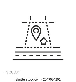 land for construction icon, new plot geolocation, pin map dwelling area, thin line symbol on white background - editable stroke vector illustration