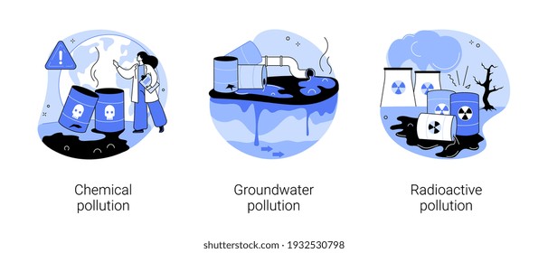 Land contamination abstract concept vector illustration set. Chemical groundwater pollution, radioactive hazardous waste, dangerous and toxic trash, environmental problem abstract metaphor.