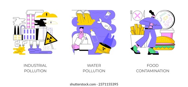Land contamination abstract concept vector illustration set. Industrial pollution, water poisoning, food contamination, hazardous waste dumping, chemical pollution, food safety abstract metaphor.