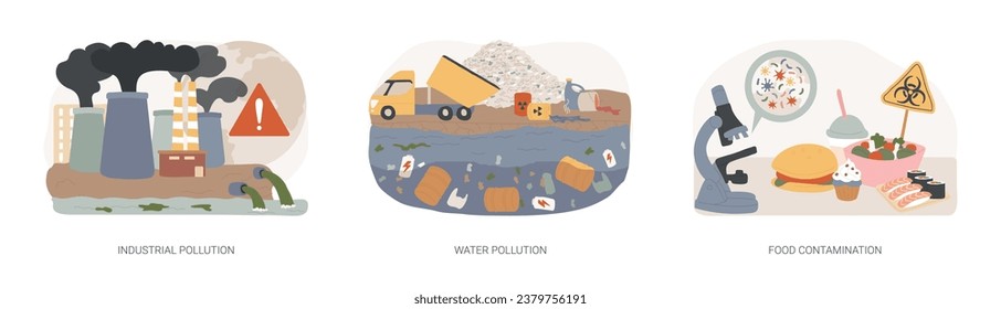 Land contamination isolated concept vector illustration set. Industrial pollution, water poisoning, food contamination, hazardous waste dumping, chemical pollution, food safety vector concept.