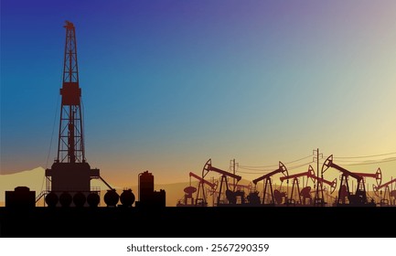 Land crude oil drilling rig, derrick, pumpjack. Oil field, pump jack. Background colorful sky. Gas. Onshore production, industry, business. Silhouette, horizon, desert, dune. Vector illustration