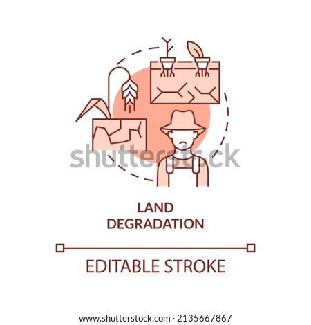 Land degradation red concept icon. Challenges to achieving food security abstract idea thin line illustration. Isolated outline drawing. Editable stroke. Arial, Myriad Pro-Bold fonts used
