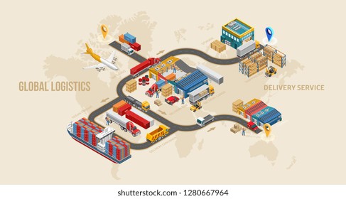 Land delivery scheme with global logistics system step by step over world map. Different types of delivery service transport — container carrier, cargo plane, truck. Isometric warehouse exterior.