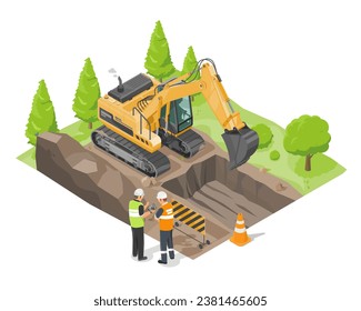 land development  concept backhoe clearing  in forest isometric and enginneer working with worker islolated