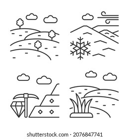 Land diversity linear icons set. Natural ground elevation. Minerals mining industry. Perennial ice. Customizable thin line contour symbols. Isolated vector outline illustrations. Editable stroke