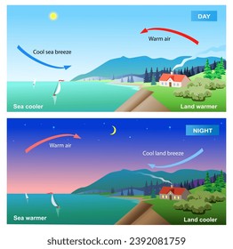 Land end sea breeze diagram. Science education vector illustration