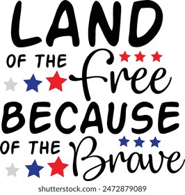 Land Of The Free Because Of The Brave 4th Of July Typography Design