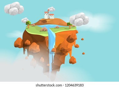 Land of Gods, White house on green planet with blue sky background and river and water fall on green landscape, low poly effect, geometric and triangle shape design,vector art and illustration.