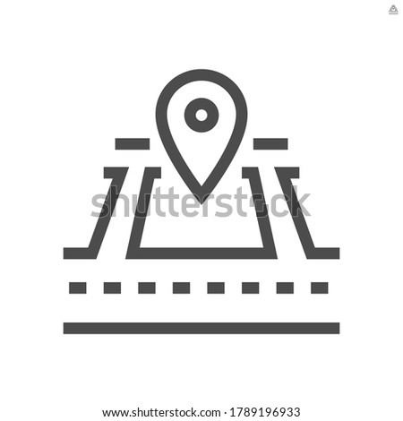 Land and gps pin vector icon. Consist of empty area, position pin point, road and location. Real estate or property for housing subdivision, development, owned, sale, rent, buy or investment. 48x48 px