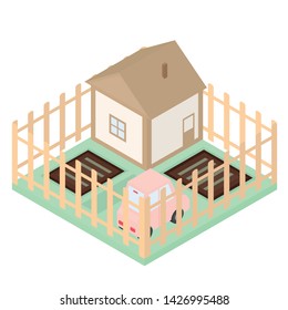 Land with a house, garden beds and a parked car. Style - isometric.