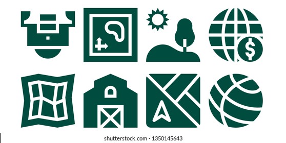 land icon set. 8 filled land icons.  Collection Of - Map, Field, Barn, Hill, Earth globe