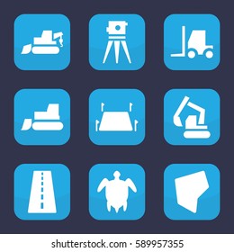 Land Icon. Set Of 9 Land Filled Icons Such As Runway, Excavator, Tractor, Theodolite, Land Territory