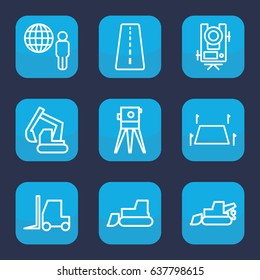 Land icon. set of 9 outline land icons such as runway, level equipment, excavator, tractor, theodolite, land territory