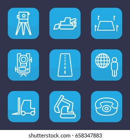 Land icon. set of 9 outline land icons such as runway, level equipment, excavator, tractor, theodolite, land territory, desk phone