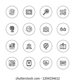 Land icon set. collection of 16 outline land icons with brasilia, brazil, earth, fertilizer, globe, farm, map, landscape, pacifism icons.
