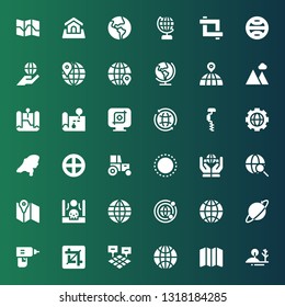 land icon set. Collection of 36 filled land icons included Hill, Map, Worldwide, Field, Crop, Drill, Globe, Drought, Tractor, Terra, Landscape, Earth globe, Earth, Land