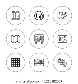Land icon set. collection of 9 outline land icons with globe, ground pad, map icons. editable icons.