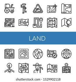 land icon set. Collection of Tractor, Rubber land, Country, Map, Hill, Agriculture, Drought, Globe, Farmer icons