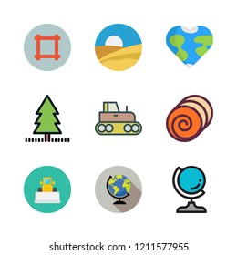 land icon set. vector set about bulldozer, earth globe, tractor and hay icons set.