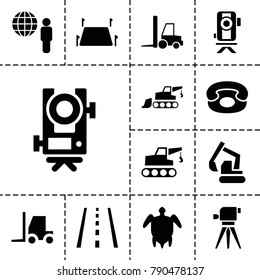 Land icons. set of 13 editable filled land icons such as level equipment, excavator, tractor, globe and man, land territory, desk phone, turtle  illsutration, runway