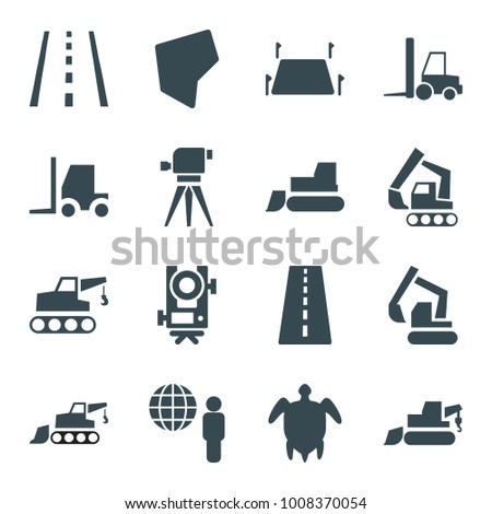 Land icons. set of 16 editable filled land icons such as runway, level equipment, excavator, tractor, globe and man, land territory, turtle  illsutration