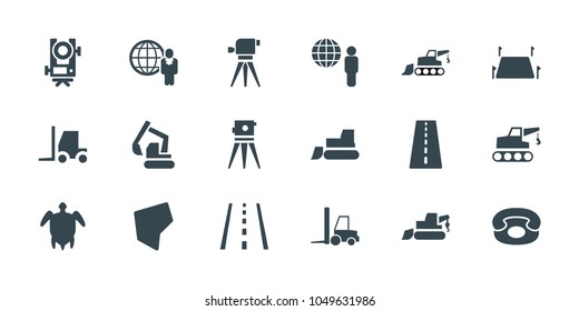 Land icons. set of 18 editable filled land icons: runway, level equipment, excavator, tractor, theodolite, globe and man, land territory, desk phone