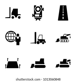 Land icons. set of 9 editable filled land icons such as runway, level equipment, excavator, tractor, land territory