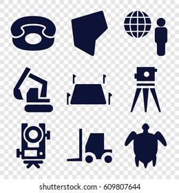 Land icons set. set of 9 land filled icons such as level equipment, excavator, tractor, theodolite, land territory, desk phone, turtle  illsutration